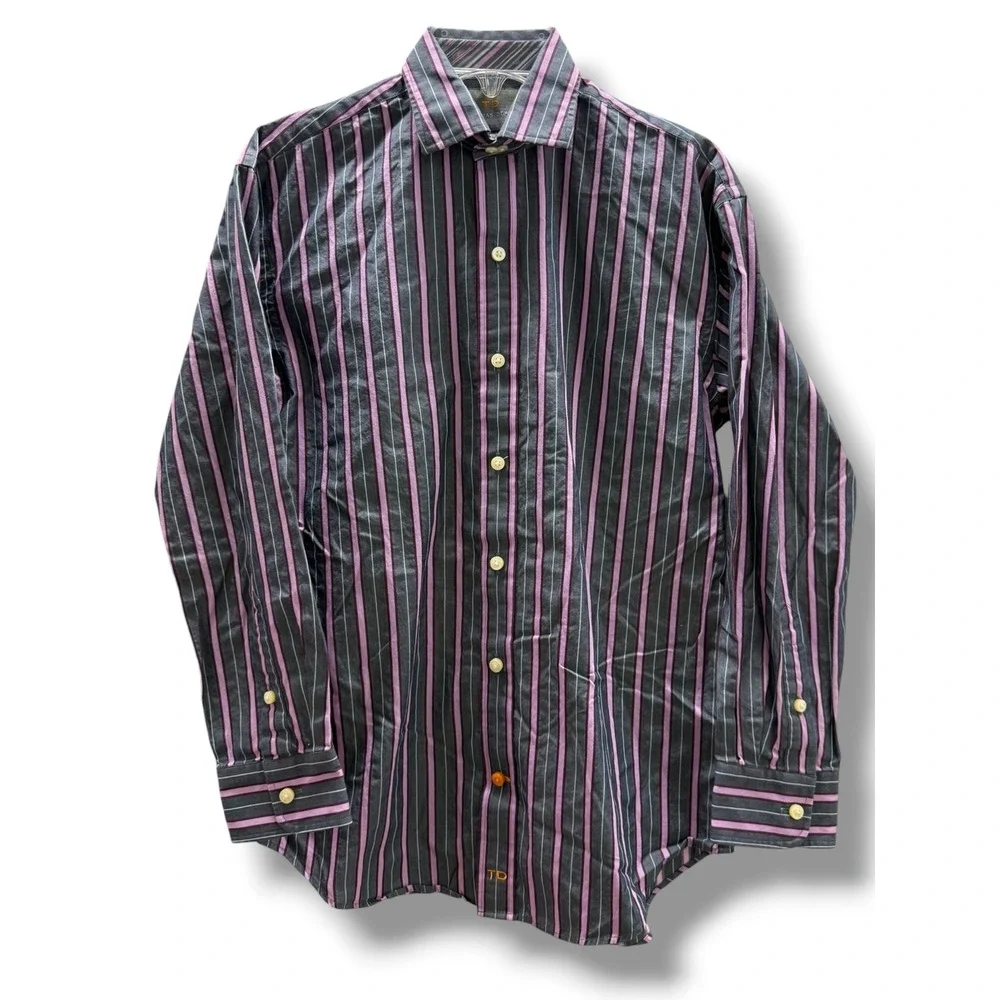 Thomas Dean Boys Gray Lavender Striped Cotton Dress Shirt Button Front 10/12 M